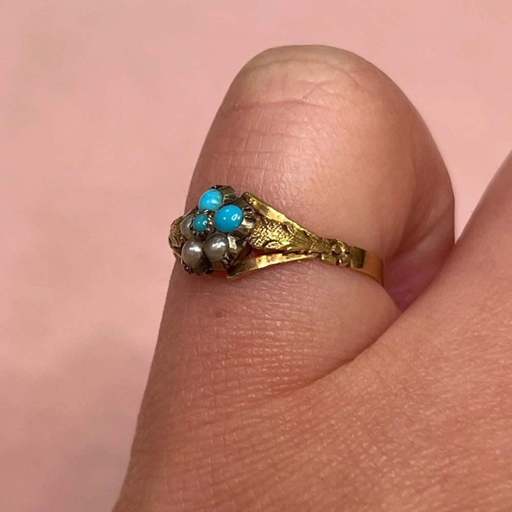 14K Gold Georgian/ Victorian Seed Pearl & Persian Turquoise Flower Cluster Ring